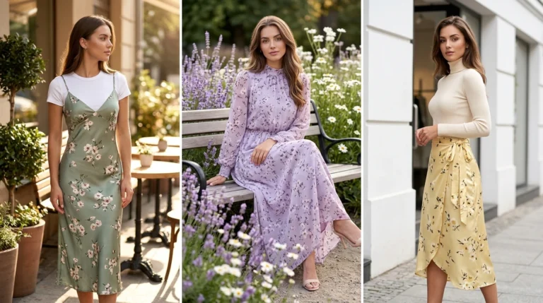 Young woman in her 20s wearing pink ditsy floral wrap mini dress for spring, fresh youthful floral outfit idea