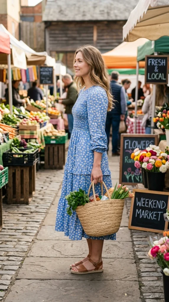 Young woman in her 20s wearing cornflower blue floral midi smock dress for spring, fresh youthful floral outfit idea