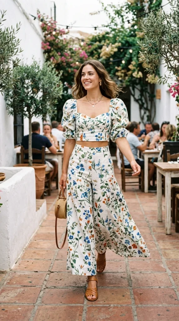 Young woman in her 20s wearing white floral linen wide leg trousers and crop blouse set for spring, fresh youthful floral outfit idea
