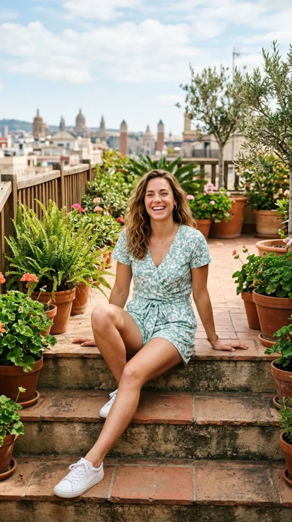 Young woman in her 20s wearing mint and white floral romper for spring, fresh youthful floral outfit idea