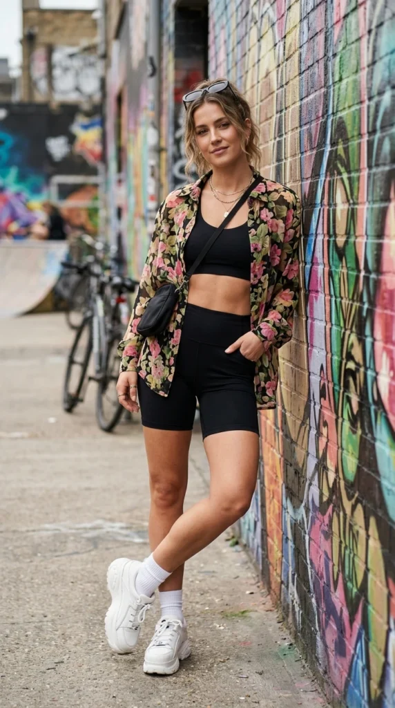 Young woman in her 20s wearing sheer floral print button-down shirt over biker shorts for spring, fresh youthful floral outfit idea