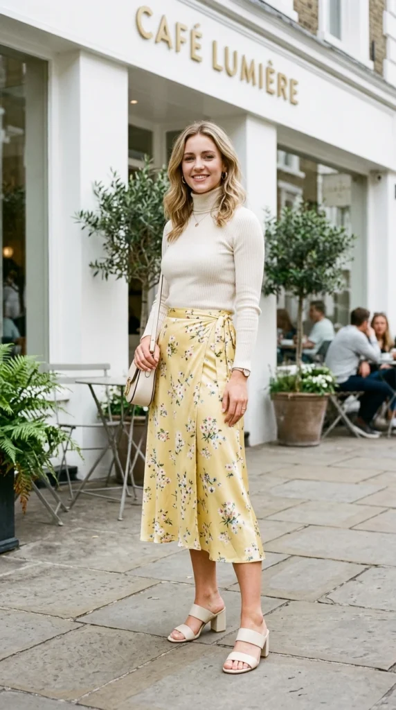 Young woman in her 20s wearing butter yellow floral wrap midi skirt with fitted turtleneck for spring, fresh youthful floral outfit idea