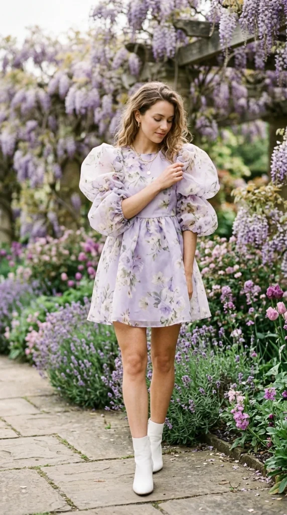 Young woman in her 20s wearing lilac floral organza puff sleeve mini dress for spring, fresh youthful floral outfit idea
