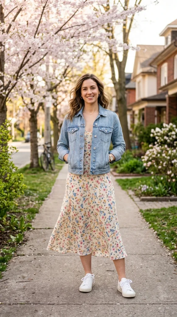 Young woman in her 20s wearing denim jacket over floral spaghetti strap midi dress for spring, fresh youthful floral outfit idea