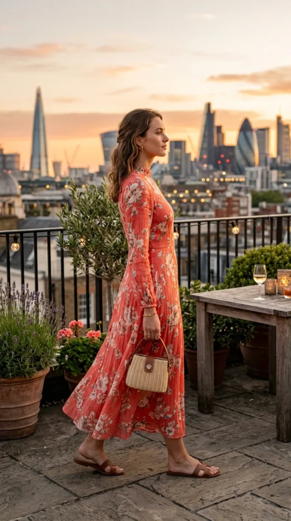 Young woman in her 20s wearing coral floral halter neck mini dress for spring, fresh youthful floral outfit idea