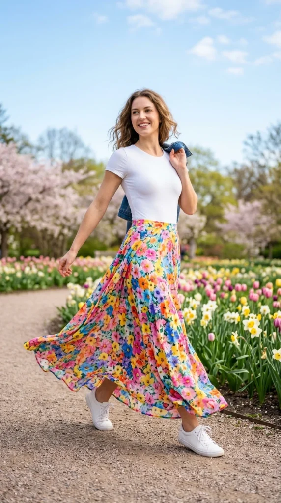 Young woman in her 20s wearing monochrome floral print trouser suit for spring, fresh youthful floral outfit idea