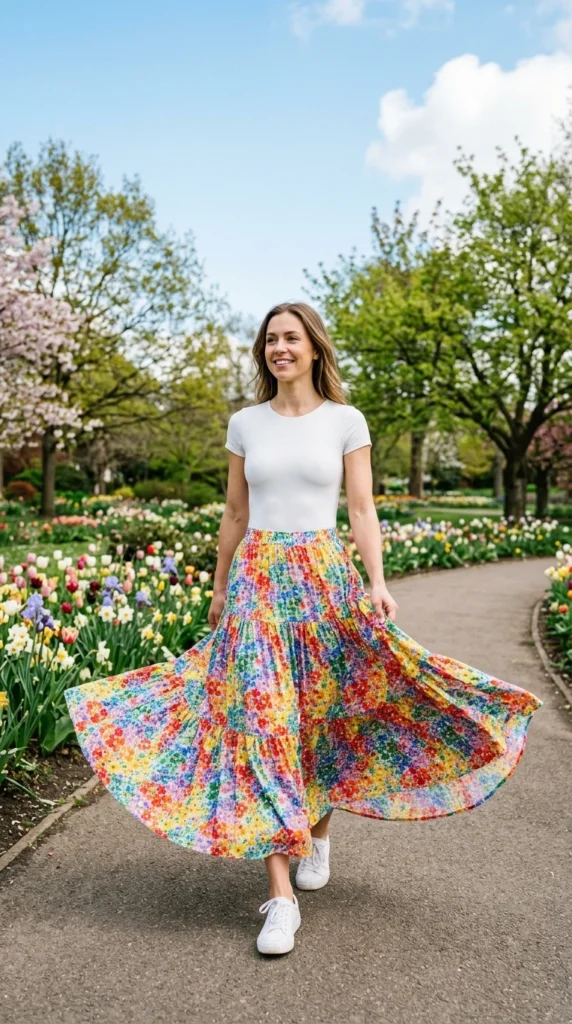 Young woman in her 20s wearing rainbow floral print maxi skirt with white bodysuit for spring, fresh youthful floral outfit idea