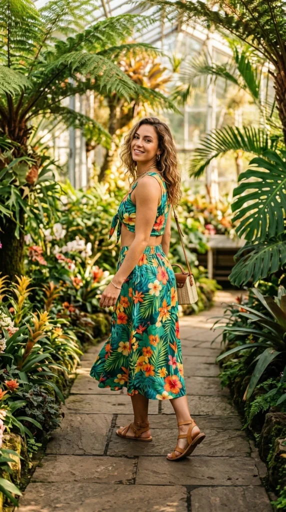 Young woman in her 20s wearing bold tropical floral co-ord crop top and midi skirt for spring, fresh youthful floral outfit idea