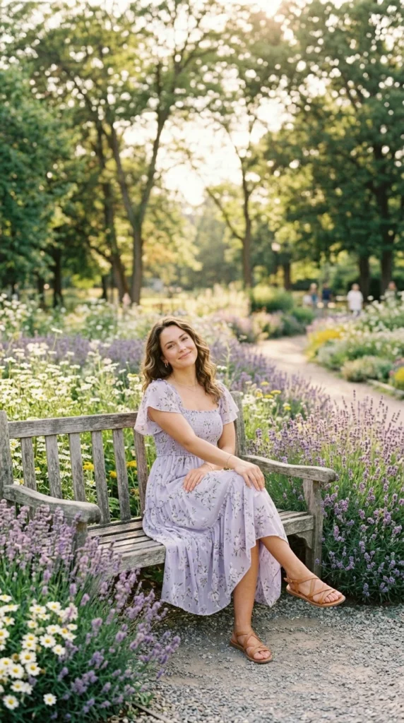 Young woman in her 20s wearing lavender floral babydoll midi dress for spring, fresh youthful floral outfit idea