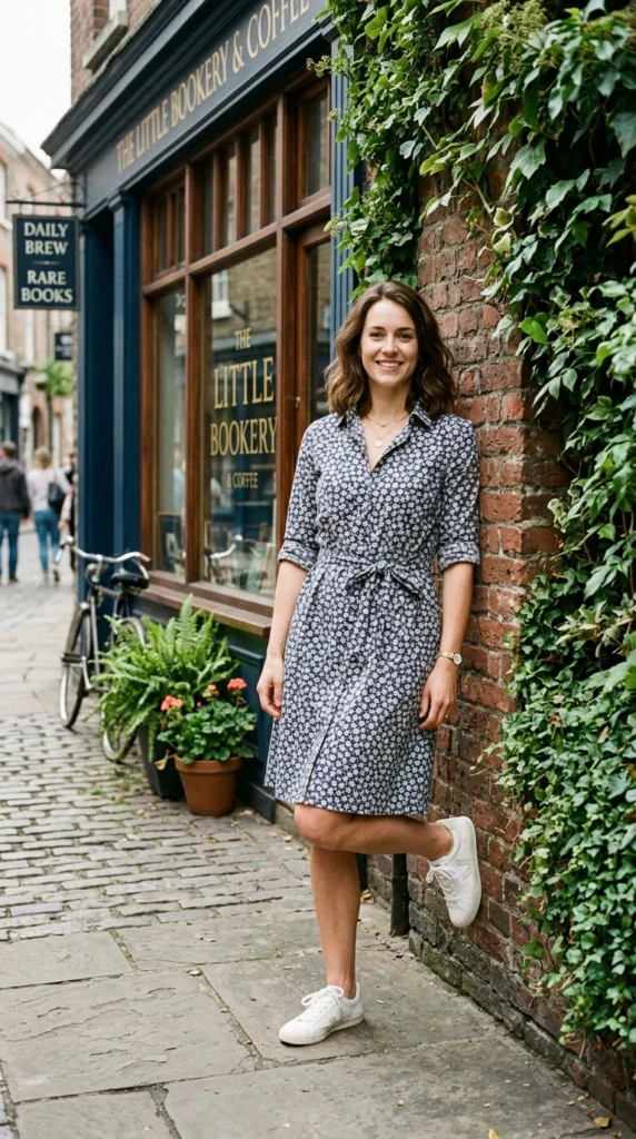 Young woman in her 20s wearing vintage-inspired liberty print shirt dress for spring, fresh youthful floral outfit idea