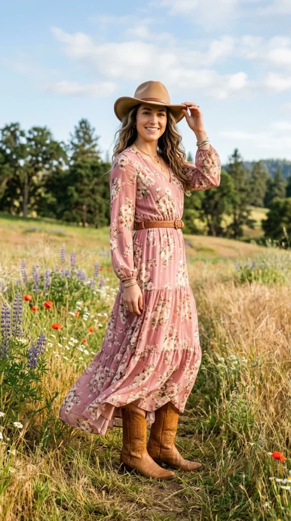 Young woman in her 20s wearing pink floral chiffon maxi dress with cowboy boots for spring, fresh youthful floral outfit idea