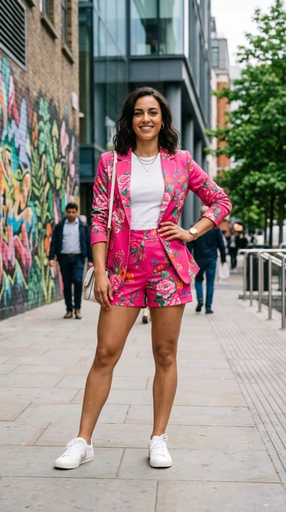 Young woman in her 20s wearing hot pink floral print blazer and shorts set for spring, fresh youthful floral outfit idea