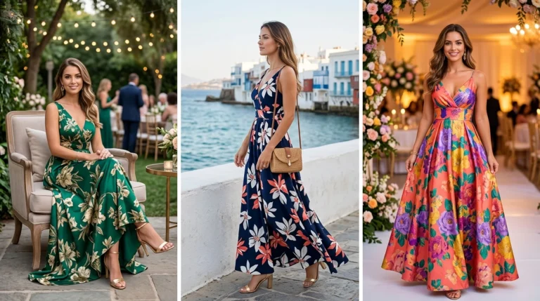 Woman in blush floral chiffon maxi dress with denim jacket and white sneakers, effortless spring floral maxi dress outfit