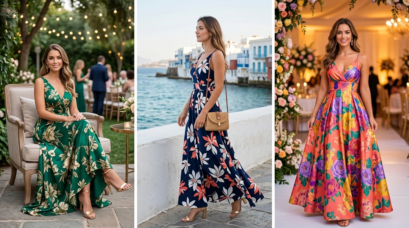 Woman in blush floral chiffon maxi dress with denim jacket and white sneakers, effortless spring floral maxi dress outfit