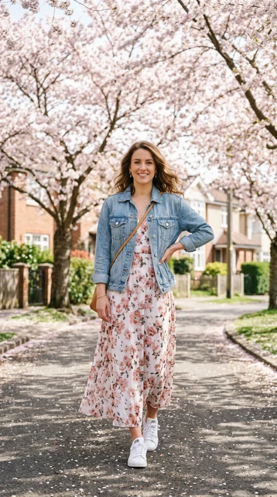 Woman wearing floral chiffon maxi with white sneakers and denim jacket, effortless spring floral maxi dress outfit idea from day to night