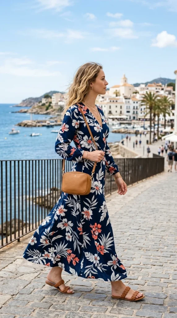 Woman wearing navy floral maxi with tan crossbody and flat sandals, effortless spring floral maxi dress outfit idea from day to night