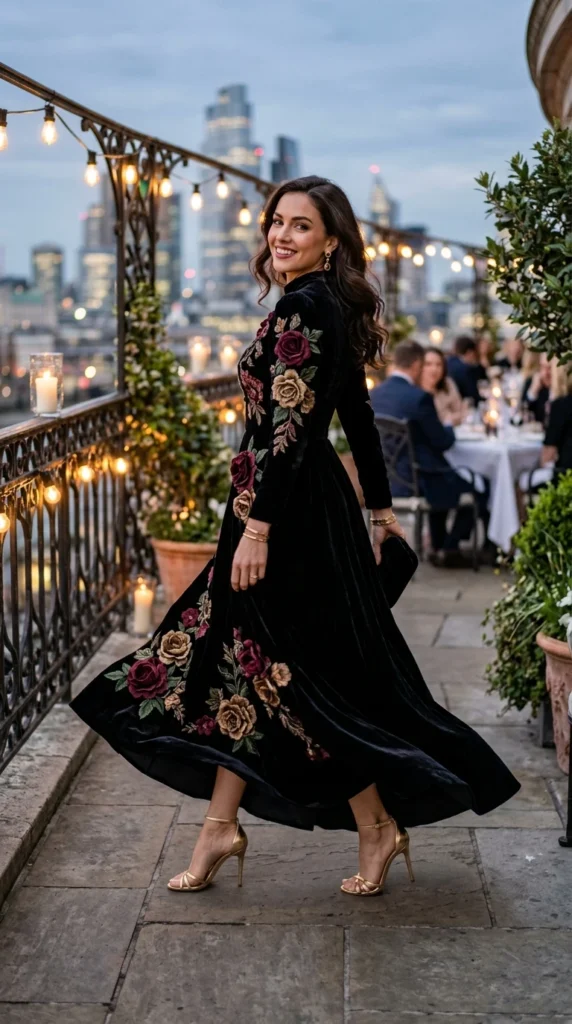 Woman wearing black floral velvet maxi with gold strappy heels, effortless spring floral maxi dress outfit idea from day to night