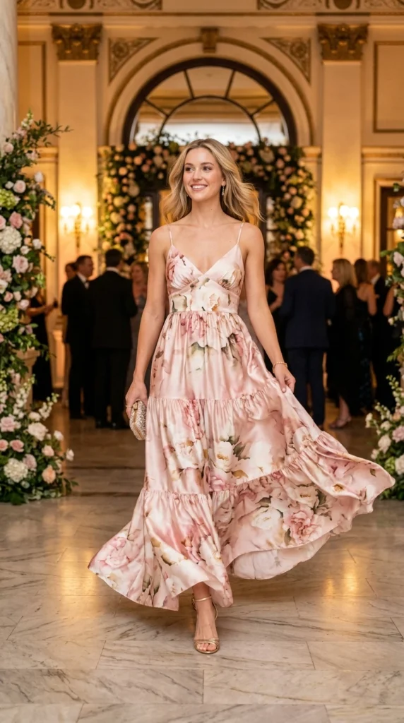 Woman wearing blush silk floral maxi with heeled mules and pearl jewelry, effortless spring floral maxi dress outfit idea from day to night