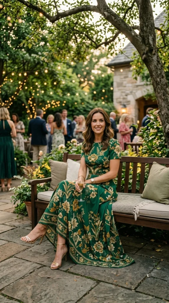 Woman wearing dusty rose floral maxi with nude stilettos and silver jewelry, effortless spring floral maxi dress outfit idea from day to night