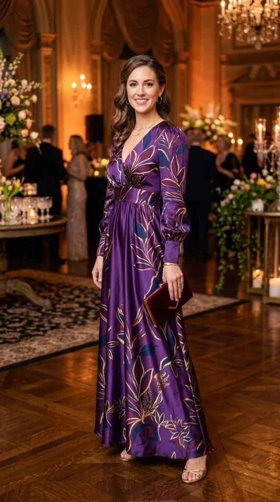 Woman wearing deep purple floral maxi with gold accessories for dinner, effortless spring floral maxi dress outfit idea from day to night