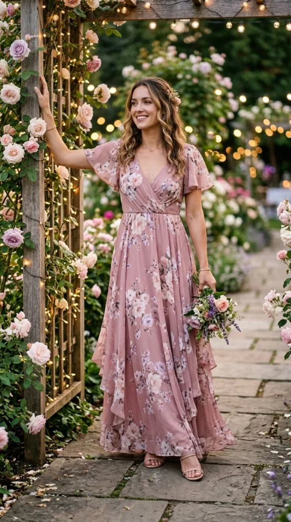 Woman wearing deep purple floral maxi with gold accessories for dinner, effortless spring floral maxi dress outfit idea from day to night
