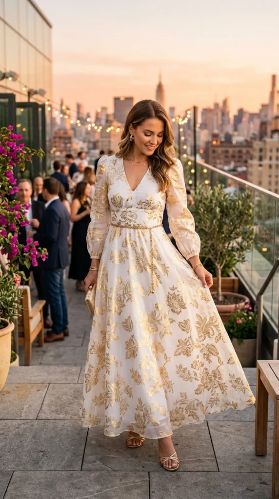 Woman wearing white and gold floral maxi for sunset cocktails, effortless spring floral maxi dress outfit idea from day to night