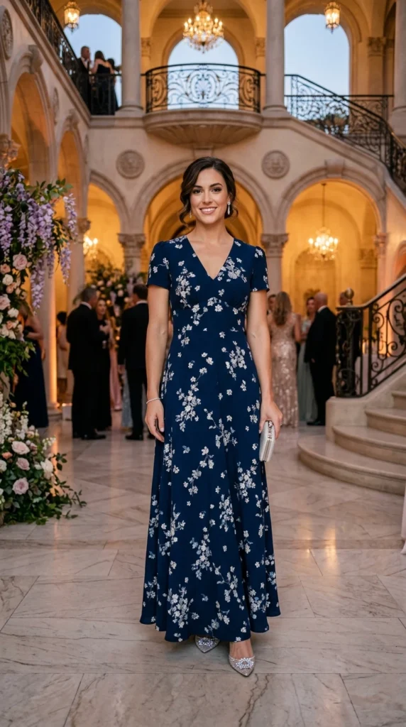 Woman wearing midnight blue floral maxi with crystal heels, effortless spring floral maxi dress outfit idea from day to night