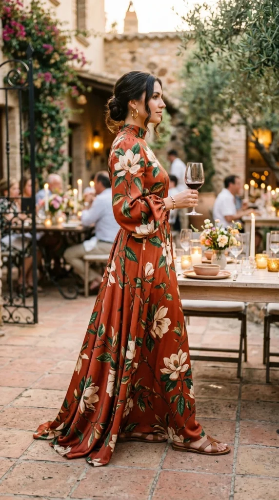 Woman wearing terracotta floral maxi with gold hoop earrings for evening, effortless spring floral maxi dress outfit idea from day to night