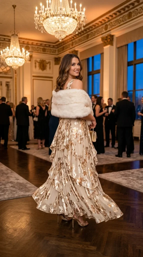 Woman wearing champagne floral maxi with fur stole for evening events, effortless spring floral maxi dress outfit idea from day to night