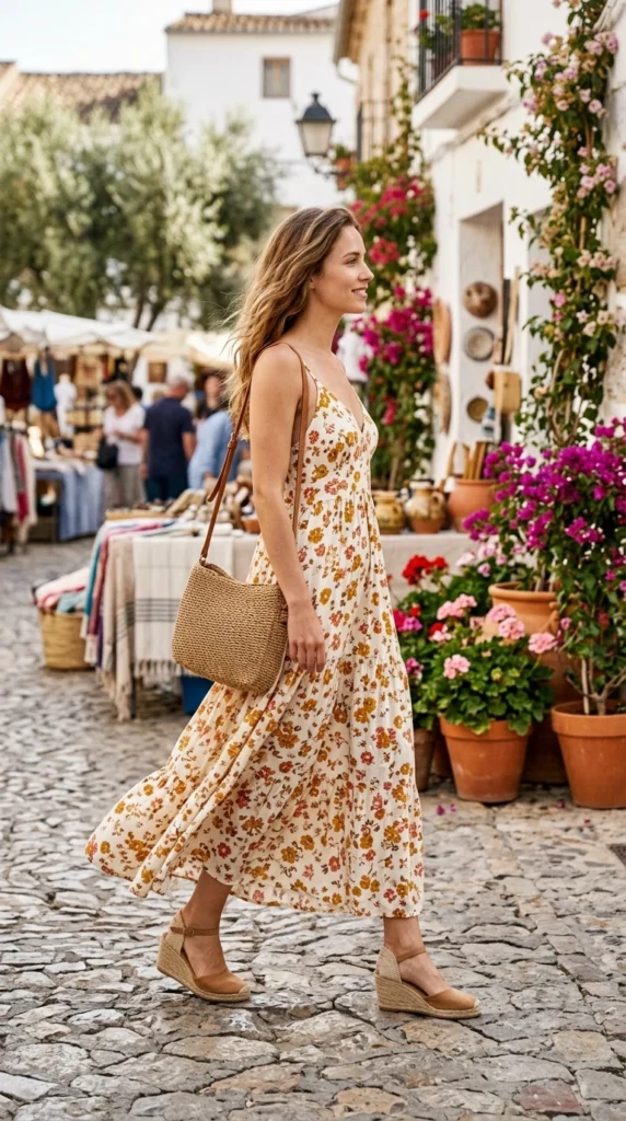 Woman wearing ditsy floral maxi with tan espadrille wedges and wicker bag, effortless spring floral maxi dress outfit idea from day to night