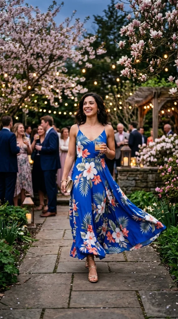Woman wearing cobalt blue tropical floral maxi for outdoor evening party, effortless spring floral maxi dress outfit idea from day to night