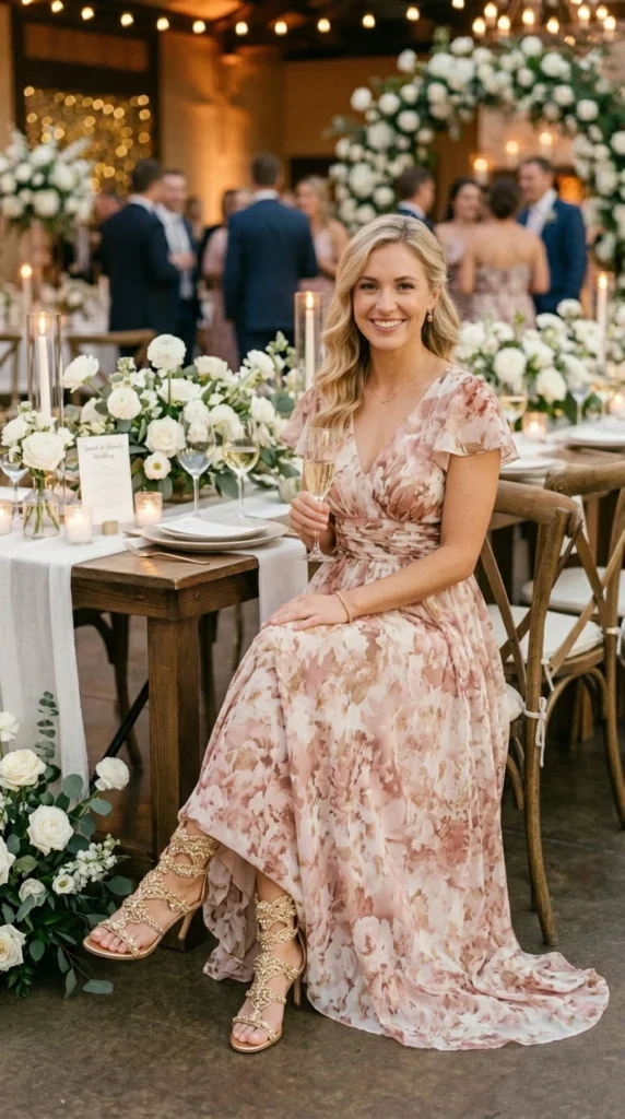 Woman wearing soft pink and gold floral maxi for wedding guest evening, effortless spring floral maxi dress outfit idea from day to night