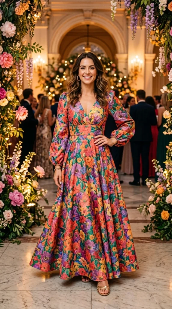 Woman wearing bold rainbow floral maxi with gold heels for spring celebration, effortless spring floral maxi dress outfit idea from day to night