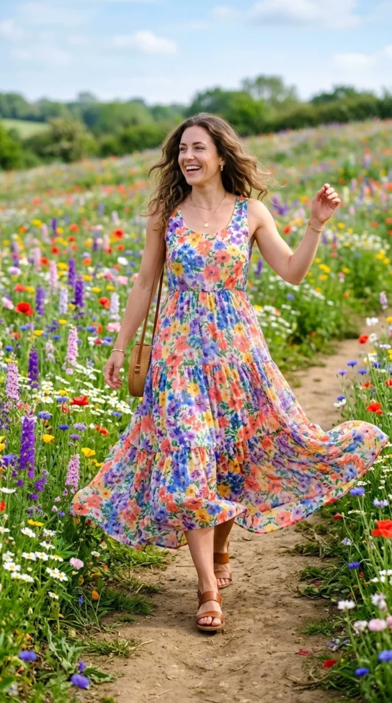 Woman wearing rainbow wildflower maxi with flat leather sandals, effortless spring floral maxi dress outfit idea from day to night
