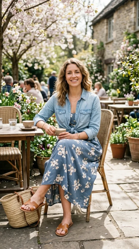 Woman wearing dusty blue floral maxi with denim shirt tied at waist, effortless spring floral maxi dress outfit idea from day to night