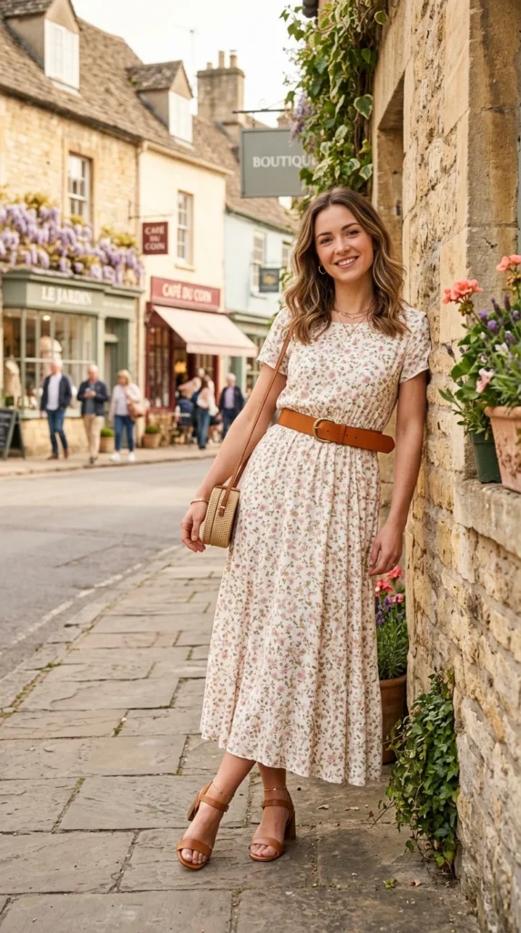 Woman wearing ivory floral maxi with tan leather belt and block heel sandals, effortless spring floral maxi dress outfit idea from day to night