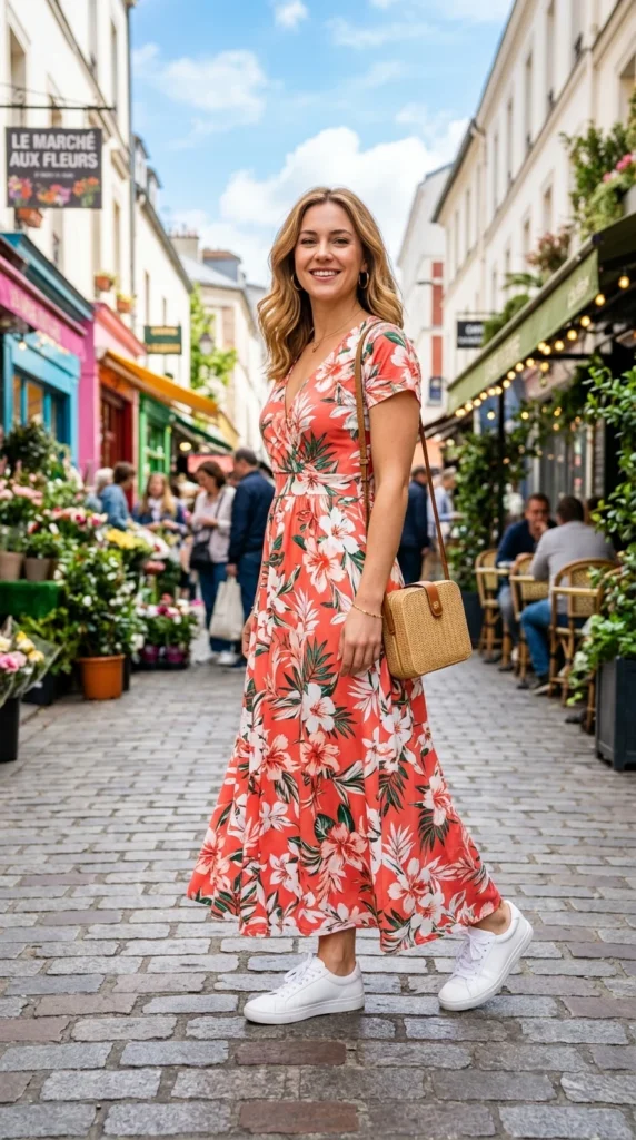 Woman wearing coral and white floral maxi with white trainers, effortless spring floral maxi dress outfit idea from day to night