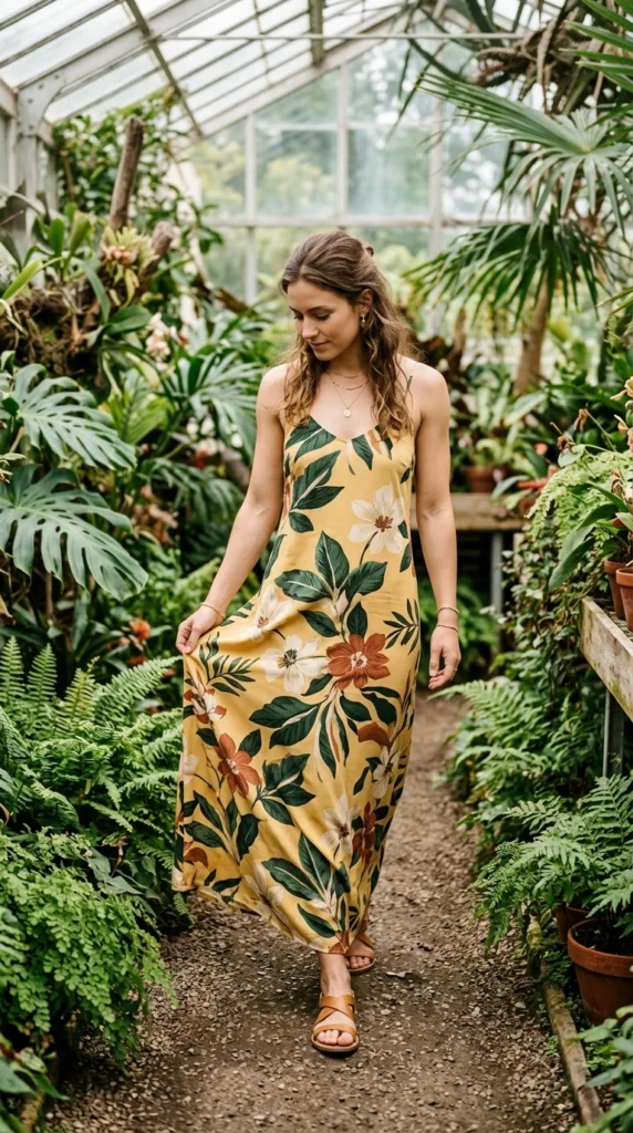 Woman wearing butter yellow botanical maxi with brown leather sandals, effortless spring floral maxi dress outfit idea from day to night