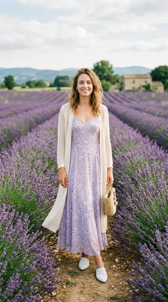 Woman wearing lavender floral maxi with cream cardigan and white mules, effortless spring floral maxi dress outfit idea from day to night