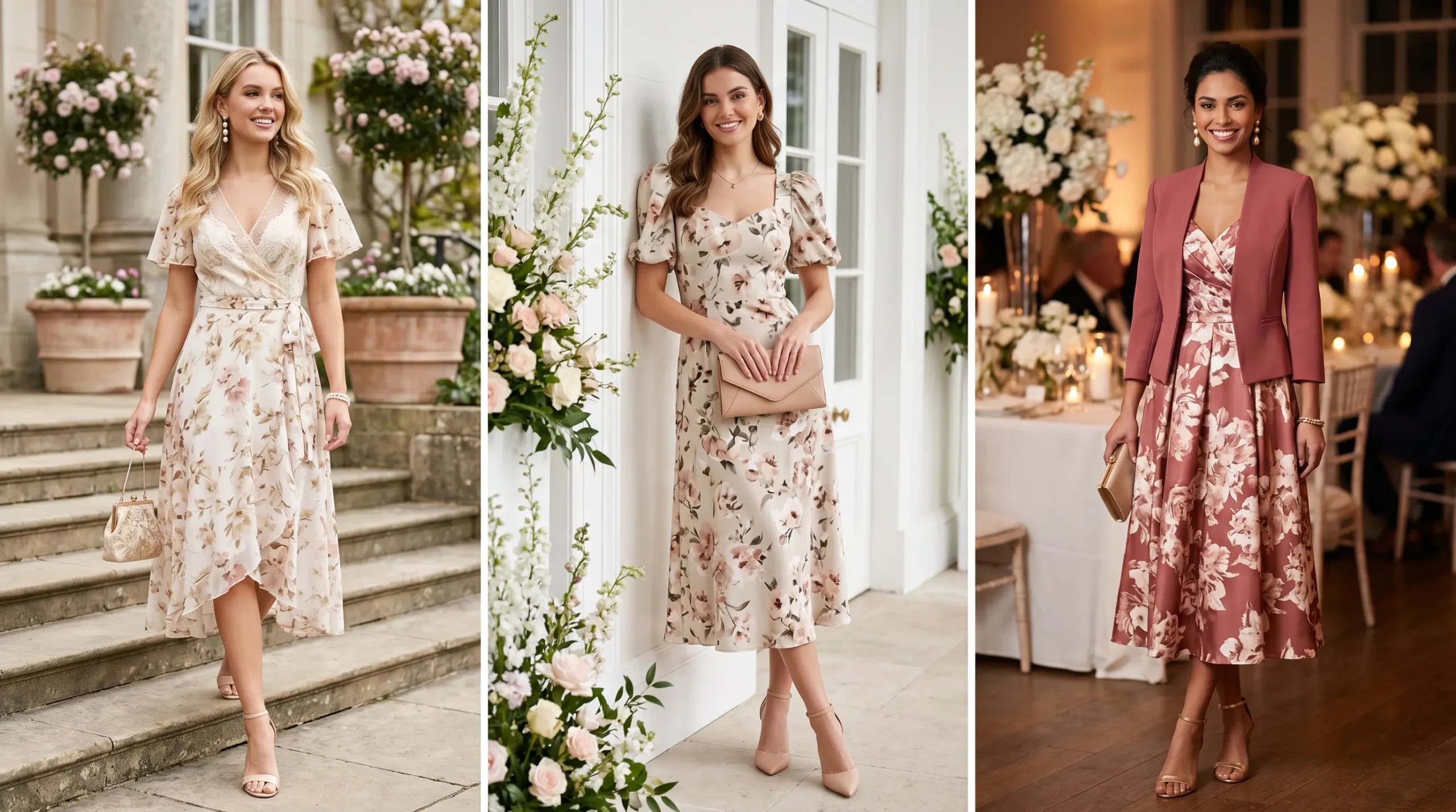 Woman in blush floral midi dress with champagne heels at spring wedding garden, elegant wedding guest outfit spring floral wedding guest outfits