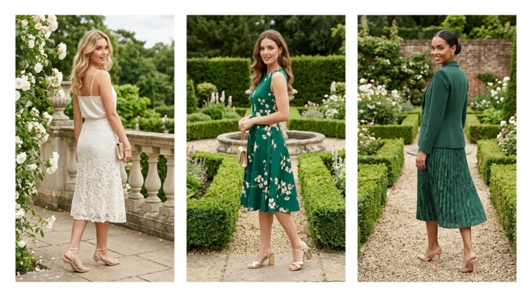 Woman in blush pink floral chiffon midi dress at spring garden party, enchanting outdoor floral outfit
