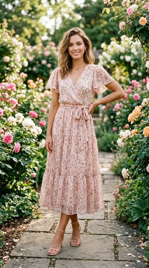 Woman wearing blush pink chiffon floral midi dress for spring garden party outdoor event, enchanting floral look
