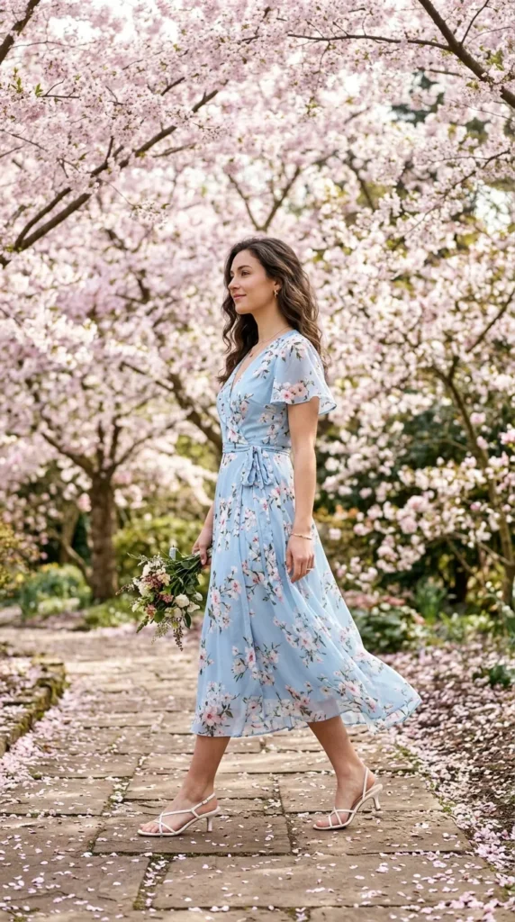 Woman wearing baby blue floral chiffon wrap midi dress for spring garden party outdoor event, enchanting floral look