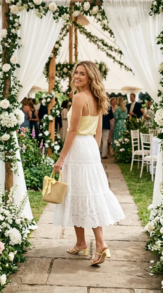 Woman wearing white floral eyelet midi skirt with silk camisole for spring garden party outdoor event, enchanting floral look