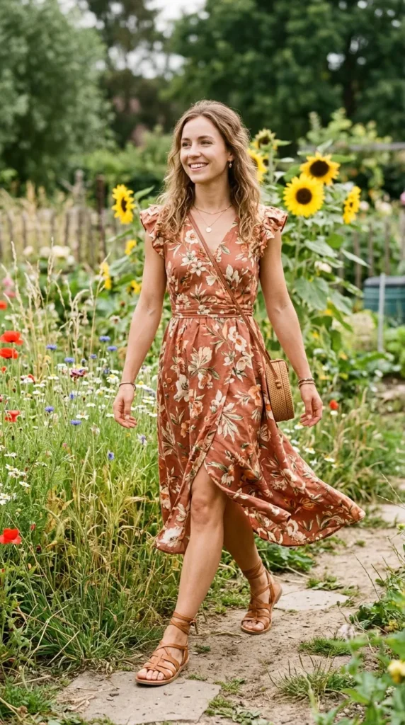 Woman wearing terracotta floral print a-line dress for spring garden party outdoor event, enchanting floral look