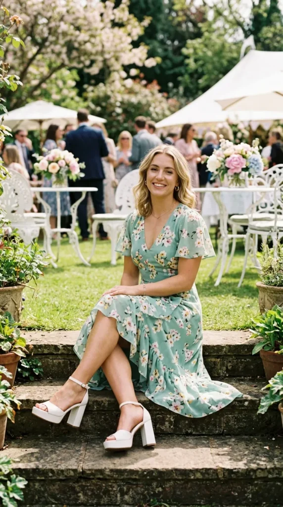 Woman wearing mint green floral ruffle hem dress for spring garden party outdoor event, enchanting floral look
