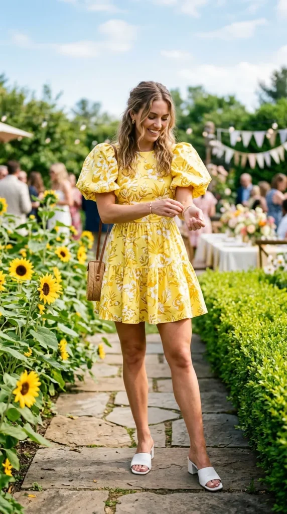 Woman wearing yellow floral print puff sleeve mini dress for spring garden party outdoor event, enchanting floral look