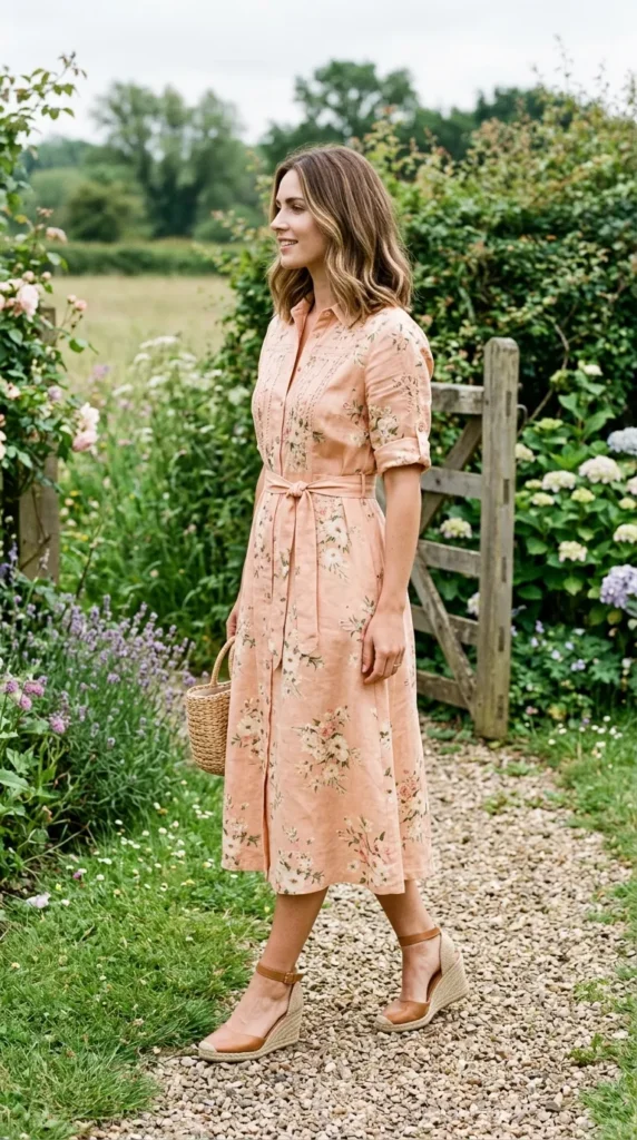  Woman wearing peach floral linen shirt dress for spring garden party outdoor event, enchanting floral look