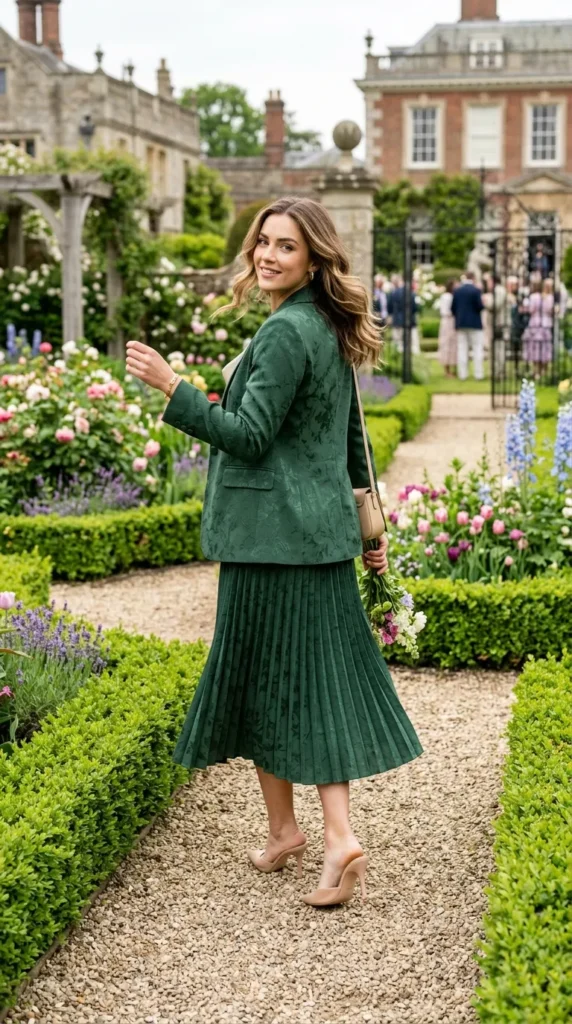 Woman wearing forest green floral pleated midi skirt set for spring garden party outdoor event, enchanting floral look