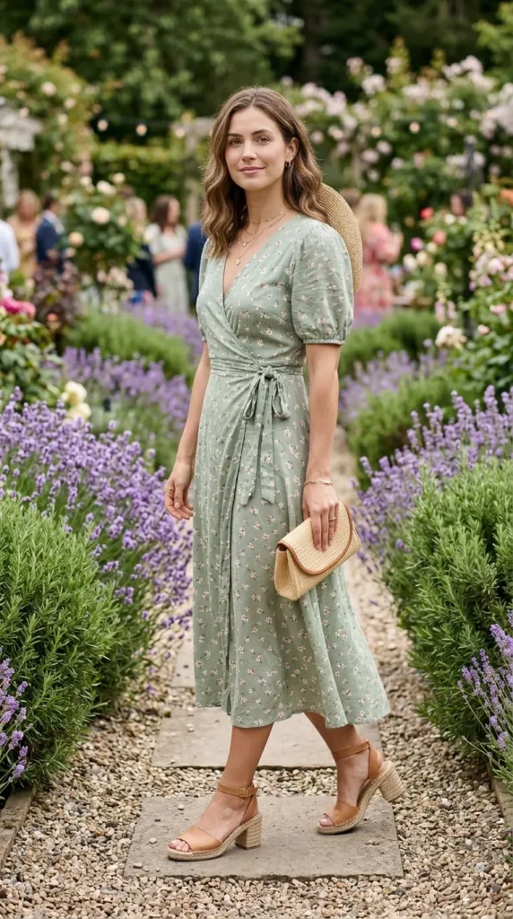 Woman wearing sage green ditsy floral wrap dress for spring garden party outdoor event, enchanting floral look
